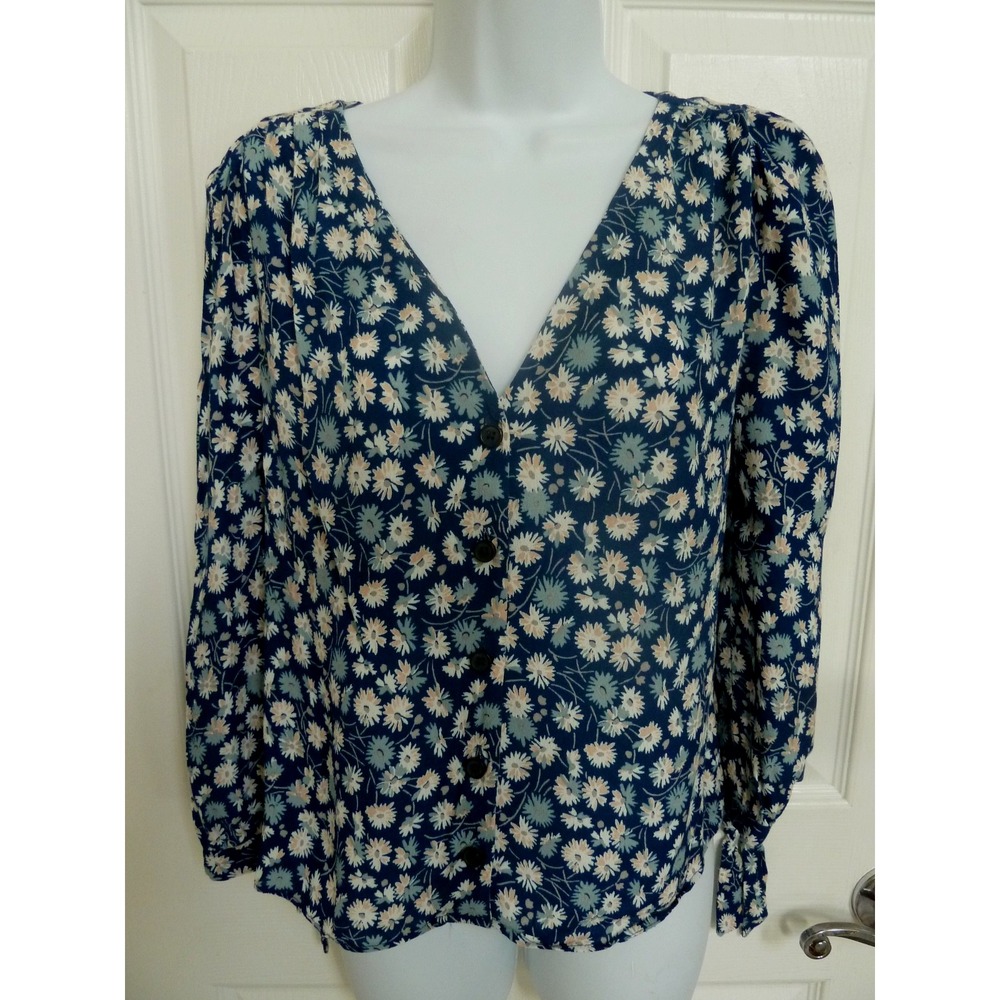 Madewell Small Cropped Button Up Dark Floral Blouse Tie Sleeves V-Neck Navy